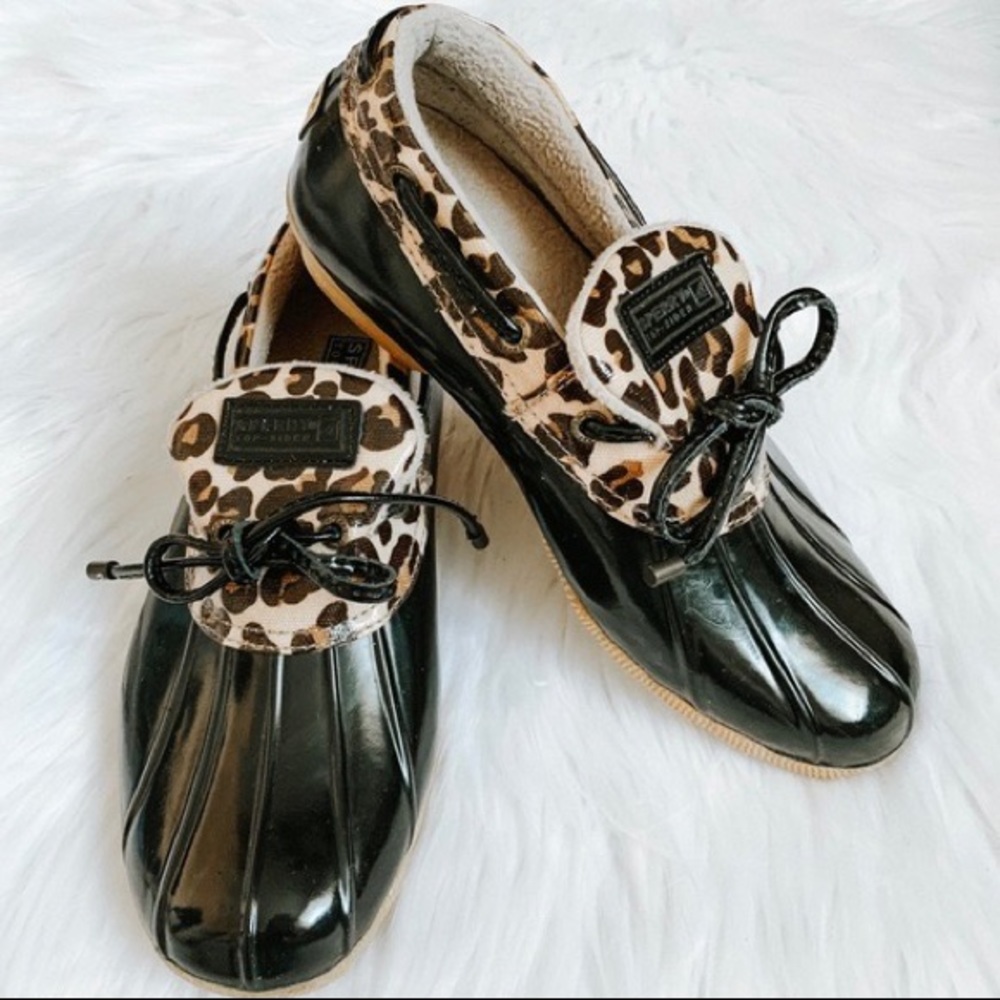 Sperry Topsider Black Leopard Print Duck Boots Ankle Size 6.5 Waterproof Rain